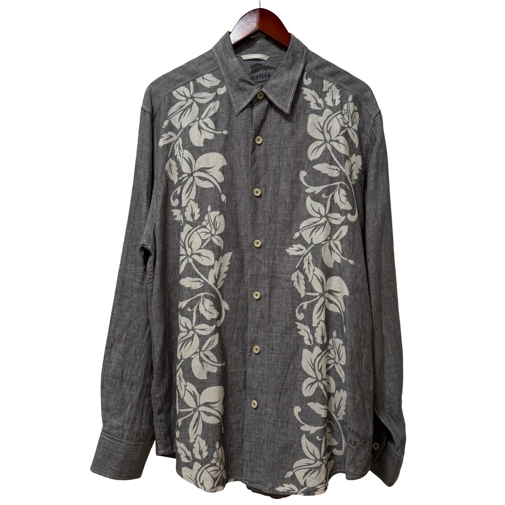 Tommy Bahama Mens Floral 100%‎ Linen Button Up Shirt Size L Gray Resort Coastal
